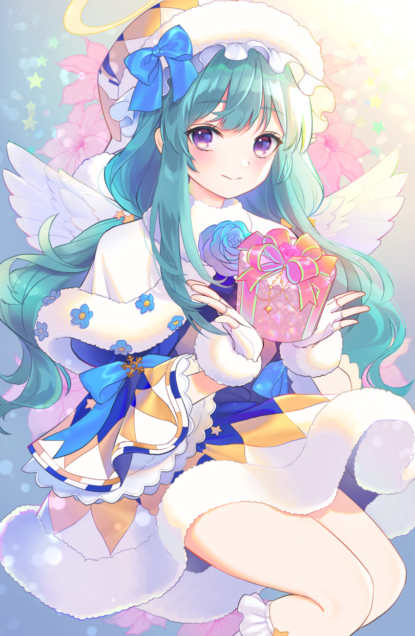 1girl, absurdres, aqua_hair, capelet, commentary_request, dress, fingerless_gloves, fur-trimmed_capelet