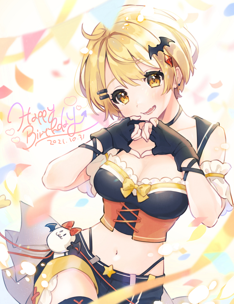 1girl, bat_hair_ornament, belt, belt_buckle, black_bustier, blonde_hair, blush, breasts