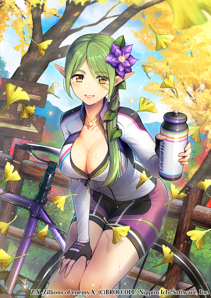 1girl, autumn, autumn_leaves, bicycle, bike_shorts, blush, bottle, breasts