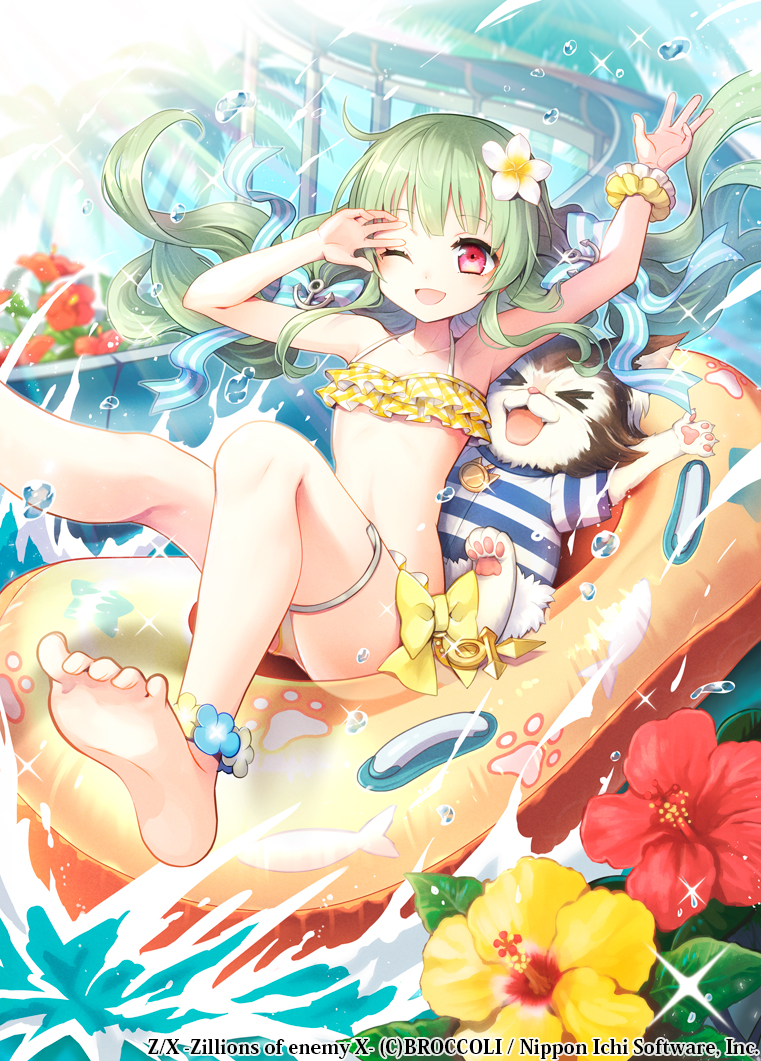1girl, :d, anchor_hair_ornament, animal_print, arm_up, armpits, bikini, blush
