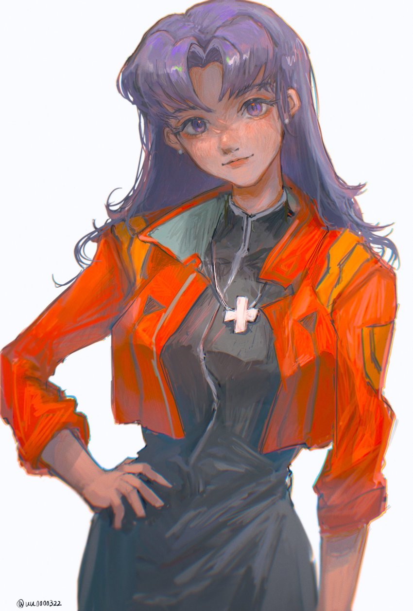 1girl, absurdres, breasts, cross, earrings, highres, jacket, jewelry, katsuragi_misato, lips, lipstick, looking_at_viewer, makeup, neon_genesis_evangelion, purple_eyes, purple_hair, red_jacket, simple_background, smile, solo, twitter_username, uu0000322, white_background