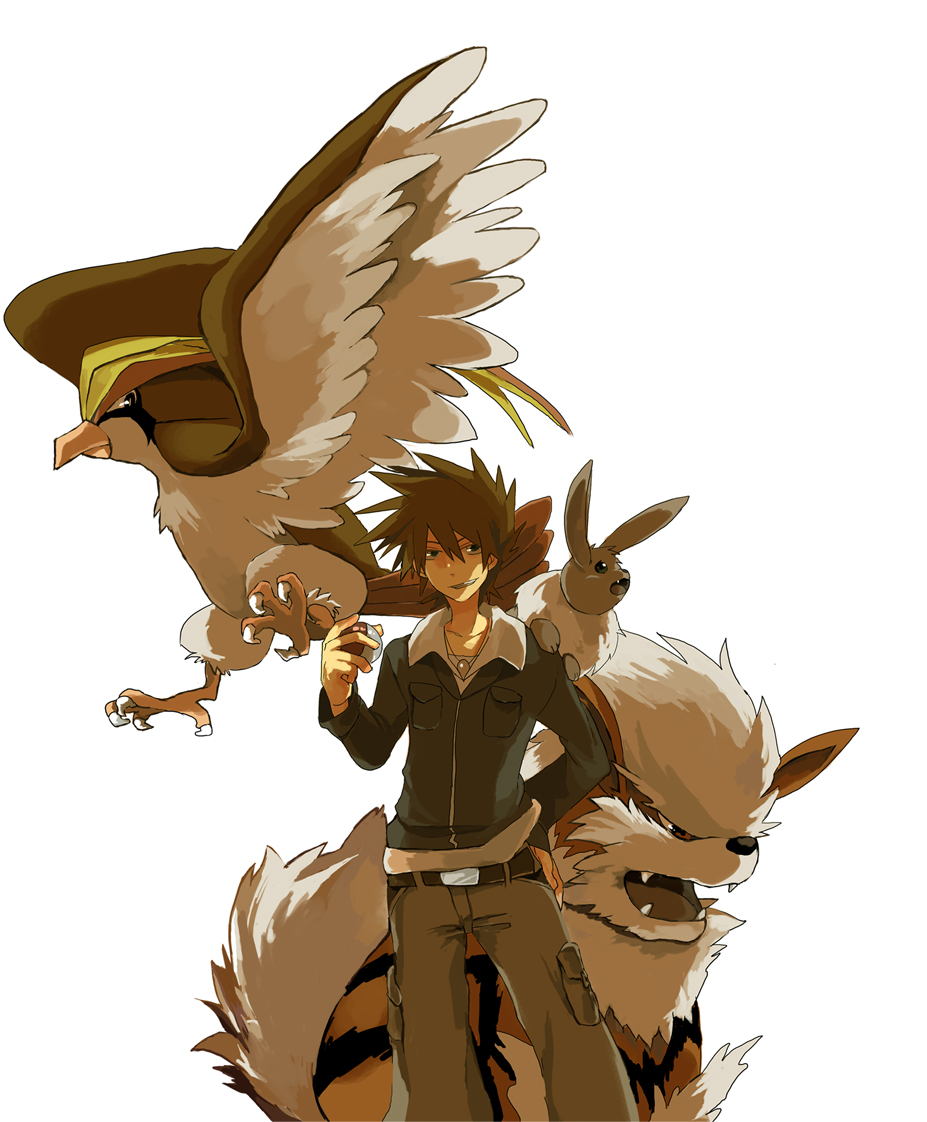 00s, 1boy, arcanine, bad_id, bad_pixiv_id, belt, blue_oak, blue_oak_(pokemon_hgss), brown_hair, eevee, fangs, gen_1_pokemon, green_eyes, grin, gym_leader, hand_on_own_hip, haruppupu, hip_focus, holding, holding_poke_ball, jacket, jewelry, male_focus, necklace, nintendo, pidgeot, poke_ball, pokemon, pokemon_(creature), pokemon_heartgold_and_soulsilver, pokemon_team, simple_background, smile, spiked_hair, white_background