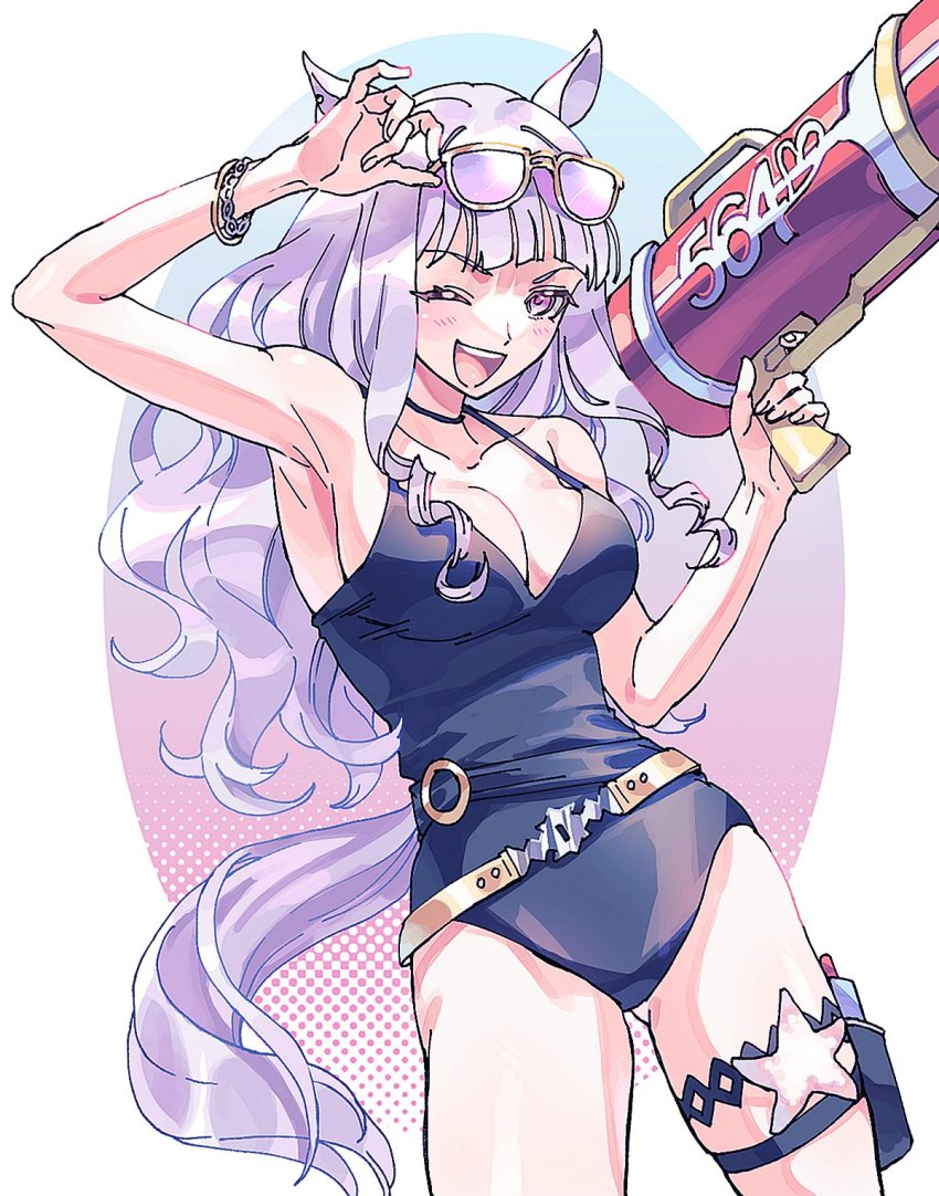 1girl, adjusting_eyewear, animal_ears, bare_shoulders, belt, black_one-piece_swimsuit, blush, bracelet