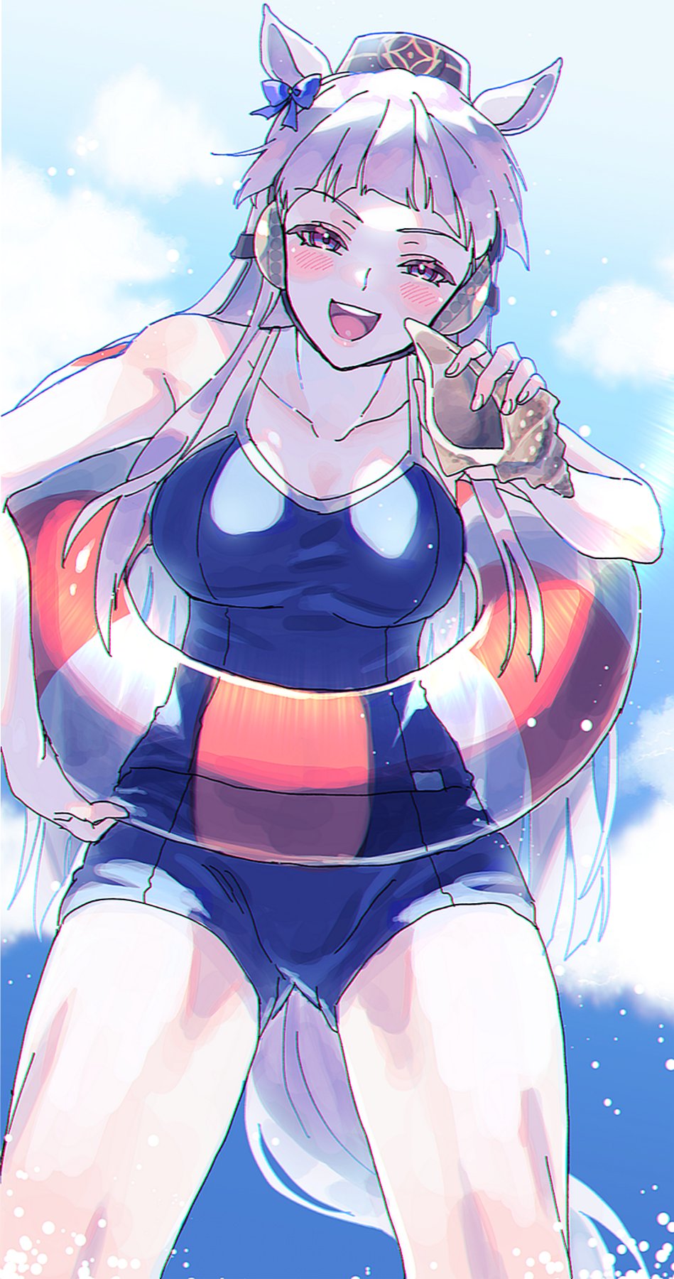 1girl, animal_ears, bare_shoulders, blush, breasts, cloud, collarbone, gold_ship_(umamusume)