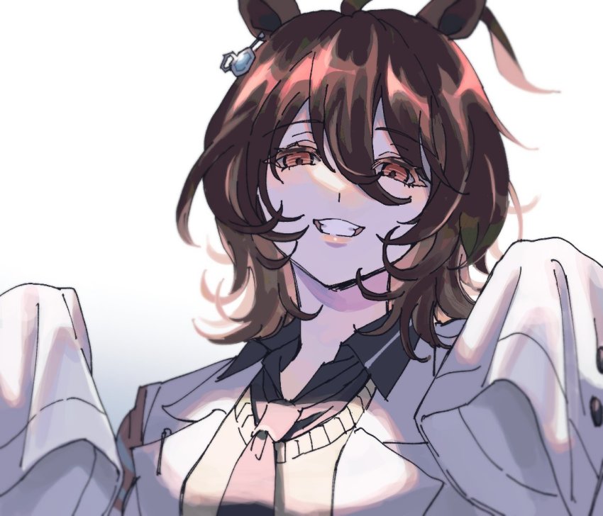 1girl, agnes_tachyon_(tach-nology)_(umamusume), agnes_tachyon_(umamusume), ahoge, animal_ears, black_shirt, brown_hair, collared_shirt