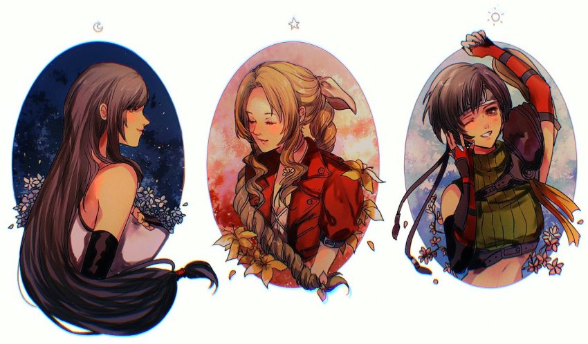 3girls, aerith_gainsborough, arm_up, armor, asymmetrical_bangs, bare_shoulders, black_gloves, black_hair