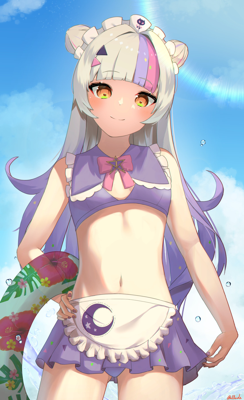 1girl, absurdres, alternate_costume, bikini, bikini_skirt, bizusuhatu123, blue_sky, blunt_bangs