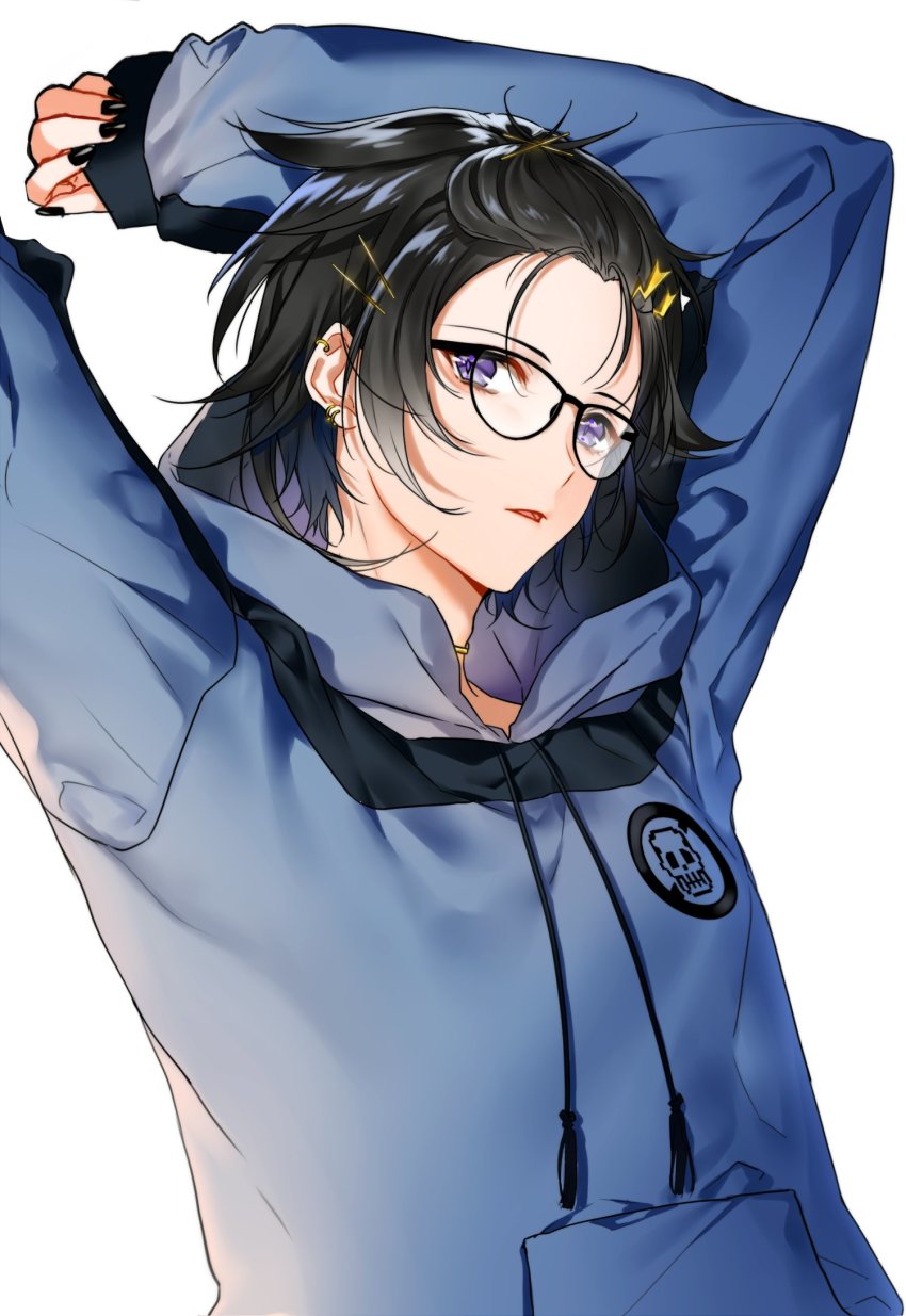1boy, arms_up, bangs_pinned_back, bespectacled, black_hair, black_nails, blue_hoodie, choker