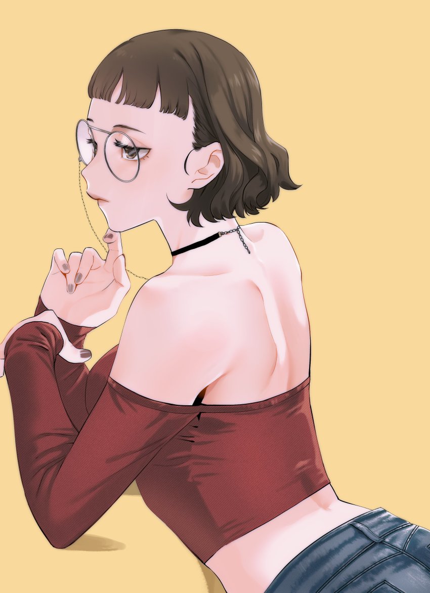 1girl, absurdres, alternate_costume, black_choker, breasts, brown_hair, brown_nails, choker