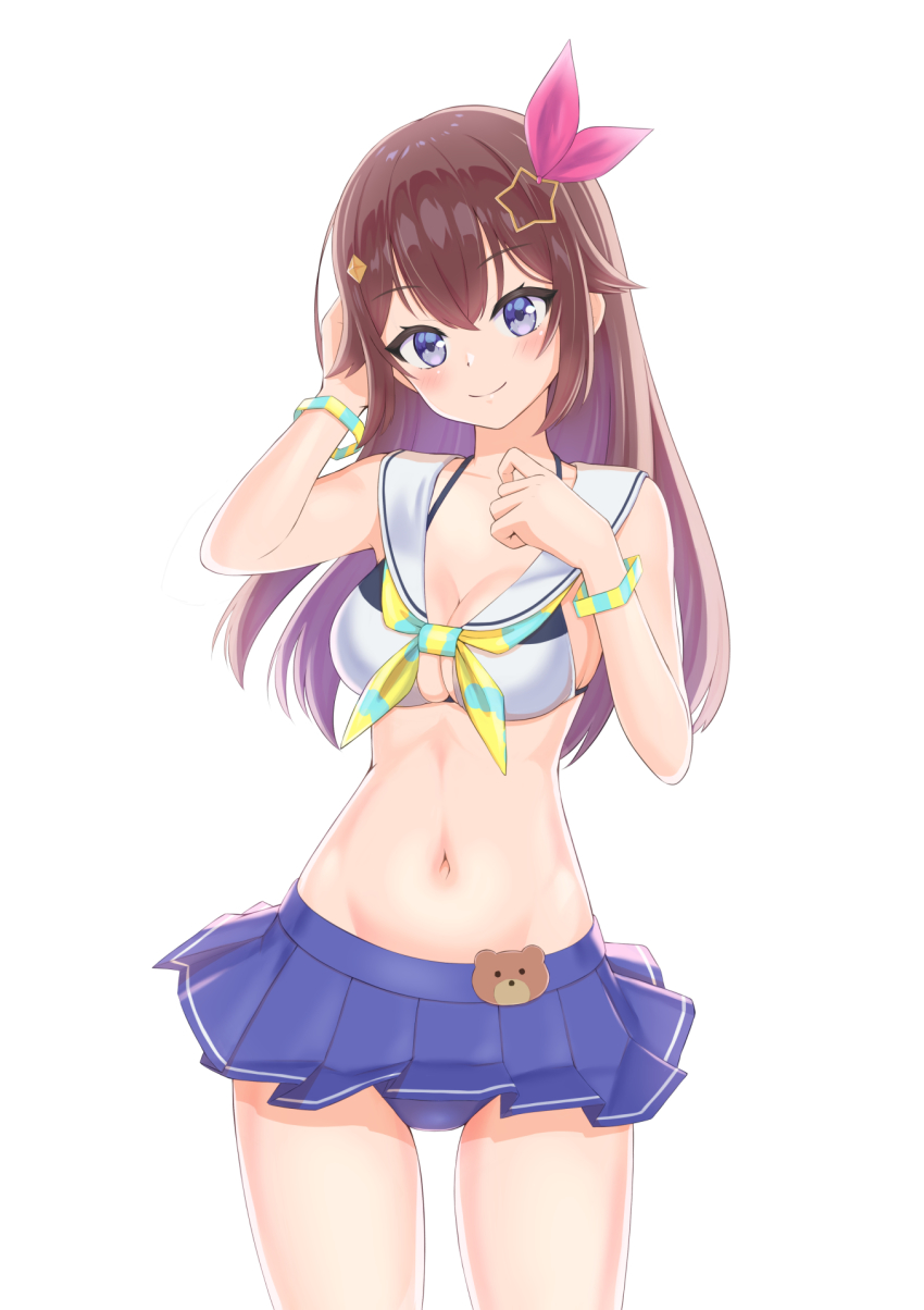 1girl, blue_eyes, blush, breasts, brown_hair, cleavage, diamond_hair_ornament, dorai