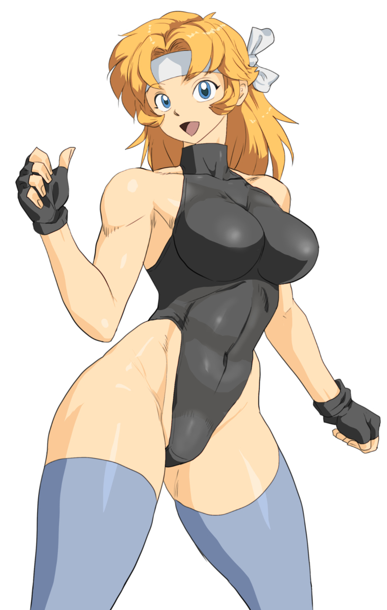 blonde_hair, blue_eyes, bodysuit, gloves, headband, highres, konami, leotard