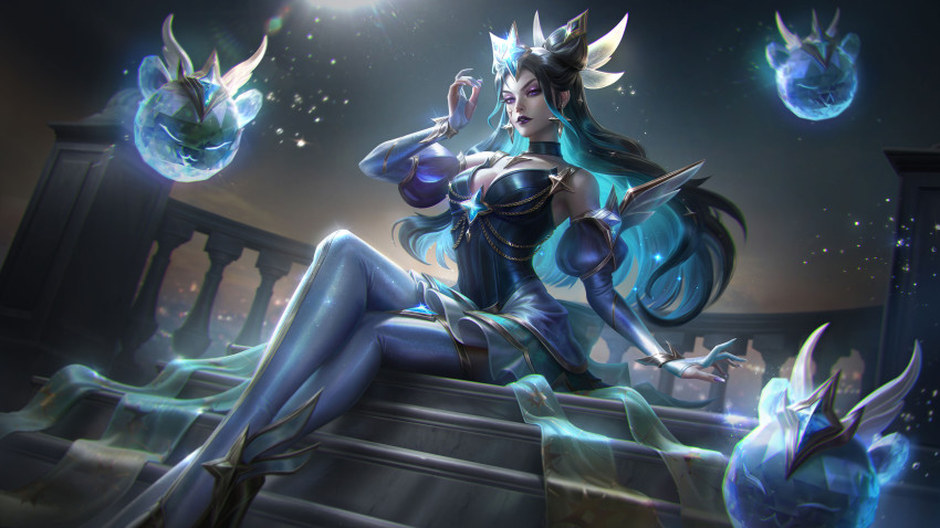 1girl, absurdres, alternate_costume, blue_hair, blurry, blurry_background, breasts, chain, city, city_lights, cleavage, collar, creature, crossed_legs, crown, dress, eyeshadow, gem, glass, hair_lift, high_heels, highres, league_of_legends, leggings, light, light_rays, long_hair, long_sleeves, looking_at_viewer, magical_girl, makeup, marie_magny, miniskirt, monster, night, outdoors, prestige_star_guardian_syndra, purple_eyes, purple_lips, skirt, sky, solo, sparkle, spotlight, stairs, star_guardian_(league_of_legends), star_guardian_syndra, syndra, twintails, uwu
