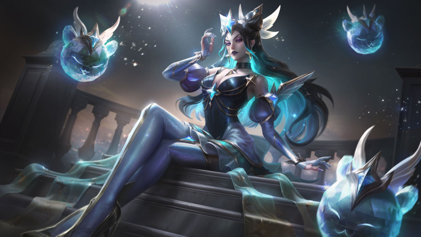 1girl, absurdres, alternate_costume, blue_hair, blurry, blurry_background, breasts, chain, city, city_lights, cleavage, collar, creature, crossed_legs, crown, dress, eyeshadow, gem, glass, hair_lift, high_heels, highres, league_of_legends, leggings, light, light_rays, long_hair, long_sleeves, looking_at_viewer, magical_girl, makeup, marie_magny, miniskirt, monster, night, outdoors, prestige_star_guardian_syndra, purple_eyes, purple_lips, skirt, sky, solo, sparkle, spotlight, stairs, star_guardian_(league_of_legends), star_guardian_syndra, syndra, twintails, uwu