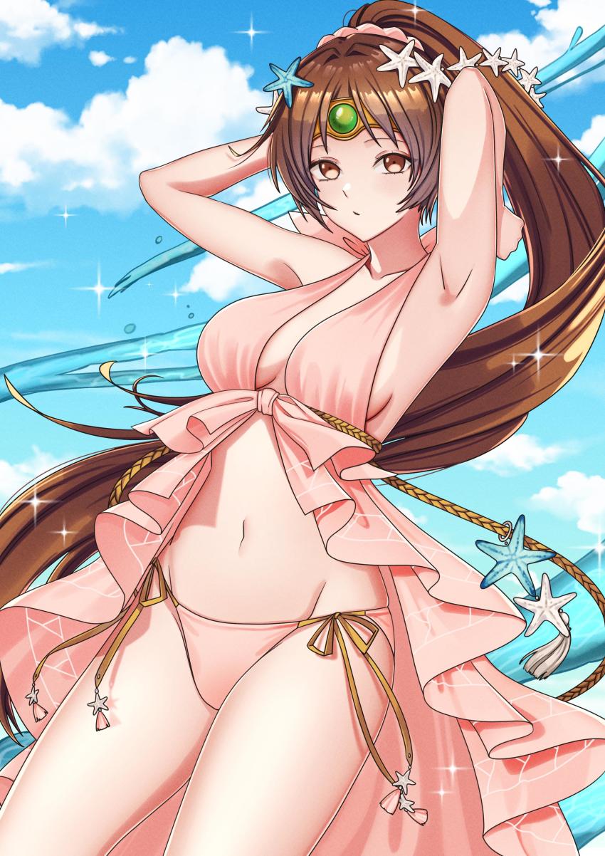 1girl, absurdres, bikini, brown_hair, fire_emblem, fire_emblem:_mystery_of_the_emblem, fire_emblem_heroes, highres, linde_(fire_emblem), long_hair, mari48240422, midriff, navel, nintendo, ponytail, solo, swimsuit