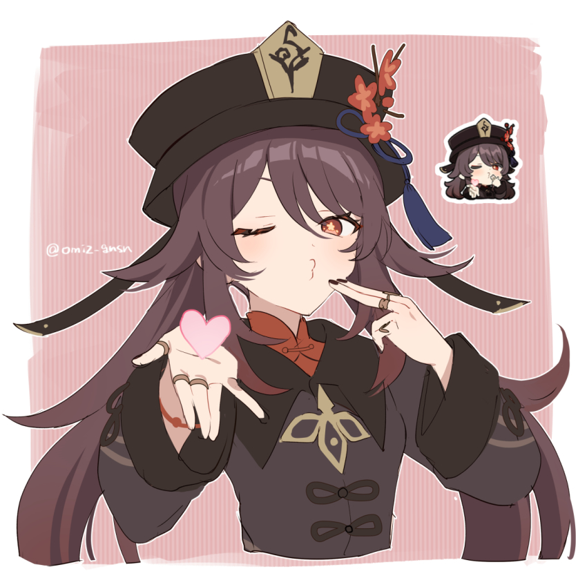 1girl, black_headwear, black_nails, blowing_kiss, bracelet, brown_hair, commentary, cropped_torso