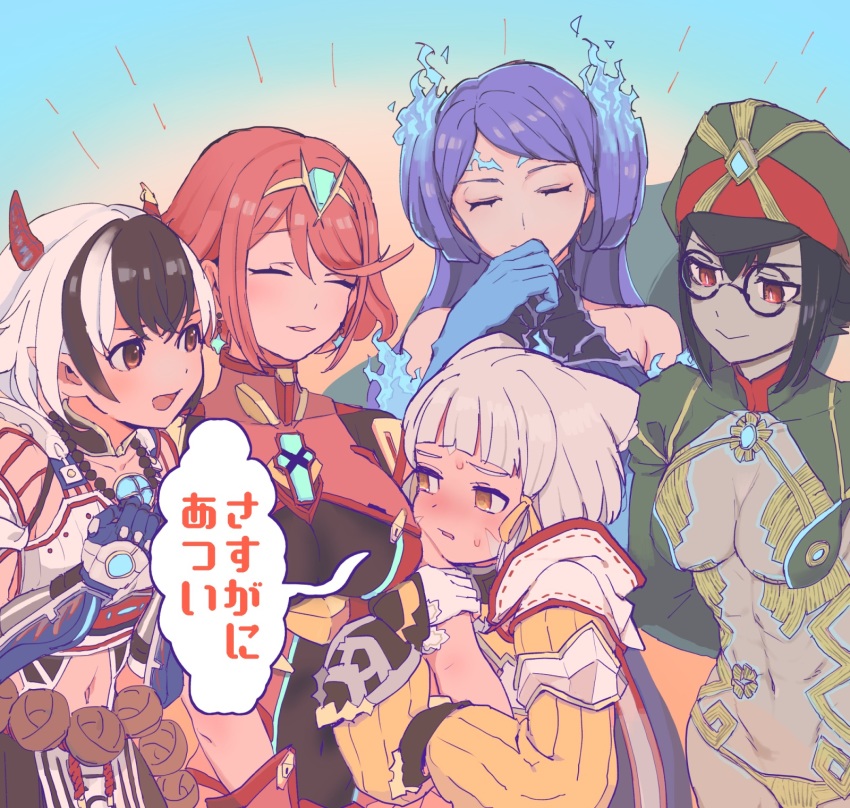 abs, blue_hair, breasts, brighid_(xenoblade), colored_skin, crossette_(xenoblade), glasses, green_skin