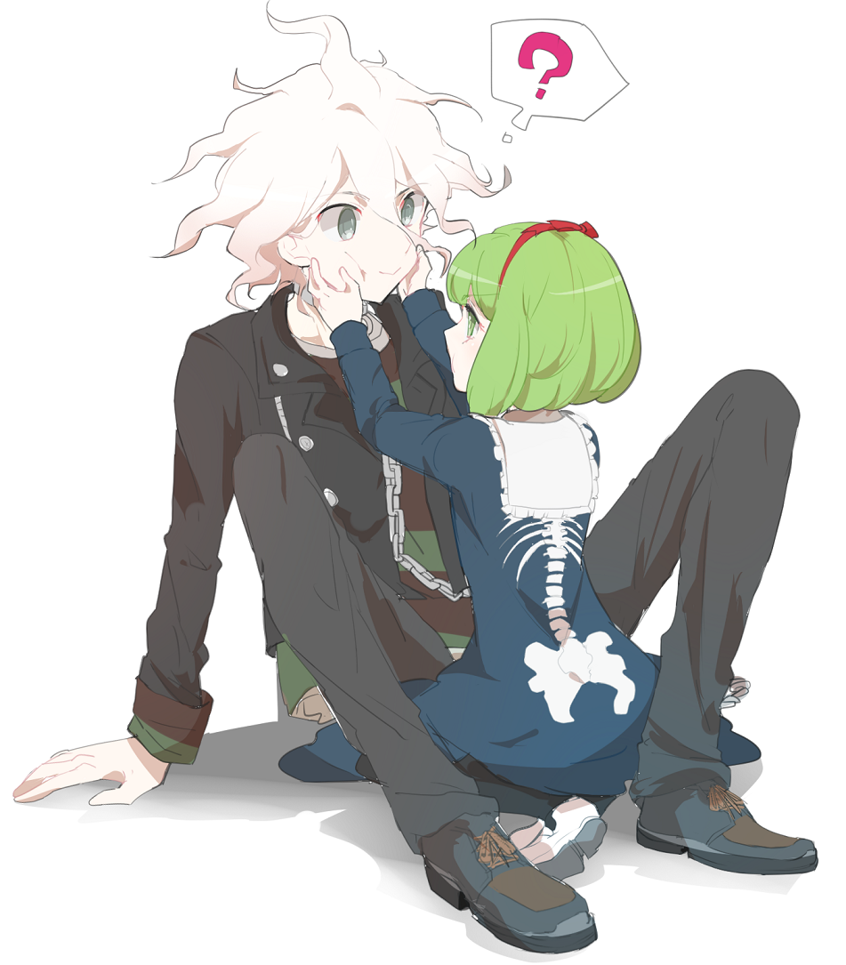 1boy, 1girl, ?, age_difference, black_coat, black_footwear, black_jacket, blue_dress