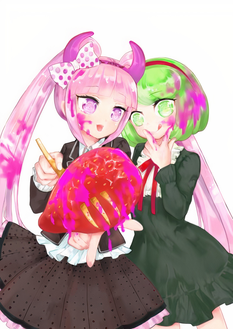 2girls, 322g, black_coat, black_jacket, blood, blood_in_hair, blood_on_face, blood_on_food