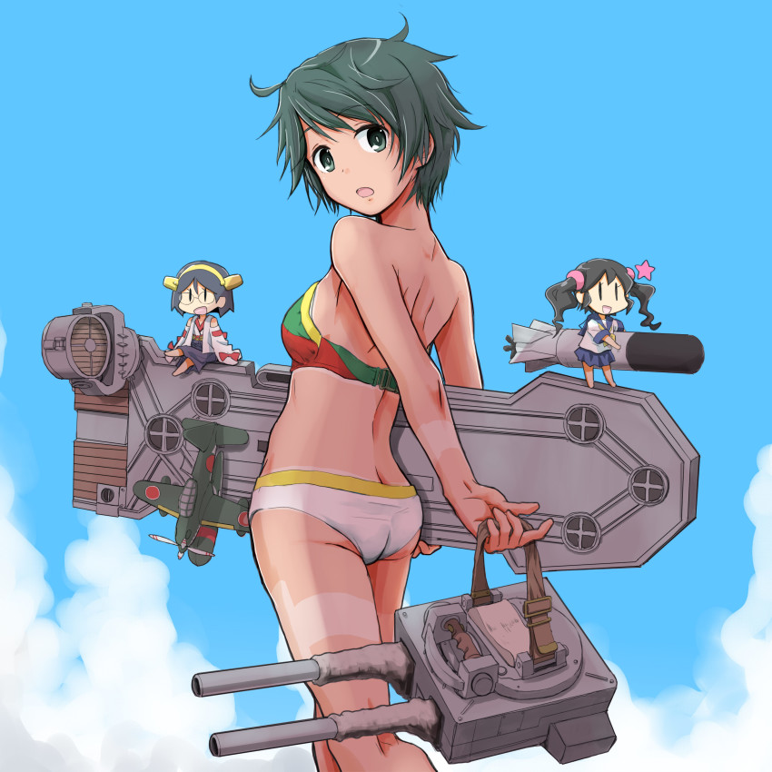 1girl, absurdres, ass, bikini, blue_sky, butt_crack, chibi, cloud