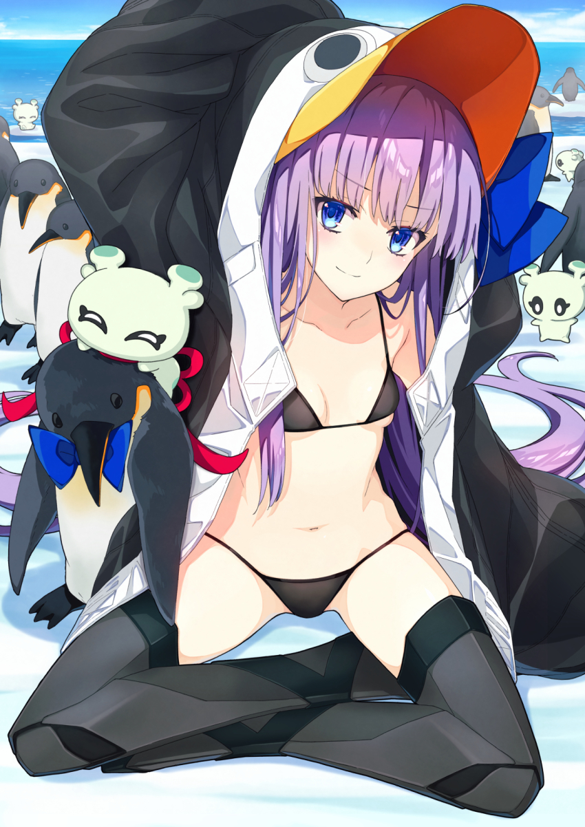 1girl, animal_hood, bare_shoulders, bikini, bird, black_bikini, black_jacket, blue_bow