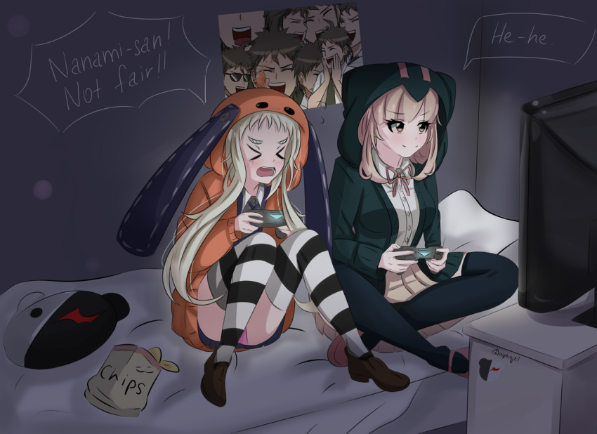 1boy, 2girls, artist_name, bed, bed_sheet, bedroom, black_footwear, black_shirt