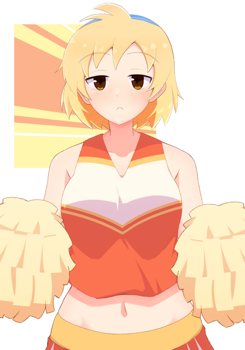 1girl, :<, bishi_bashi_(series), bishi_bashi_channel, blonde_hair, blue_hairband, blush, breasts