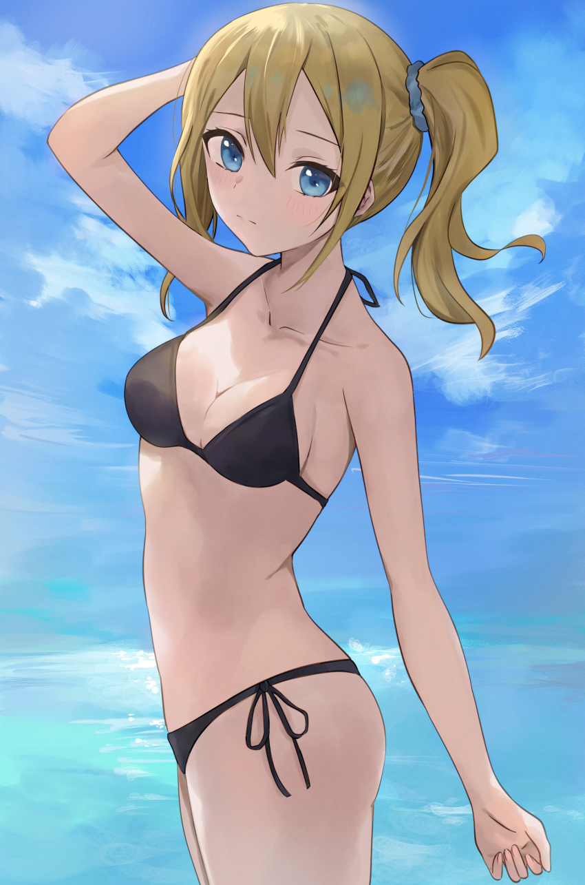 1girl, bikini, black_bikini, blonde_hair, blue_eyes, blush, hayasaka_ai, highres, kaguya-sama_wa_kokurasetai_~tensai-tachi_no_renai_zunousen~, looking_back, ocean, ponzu_pon9, solo, swimsuit