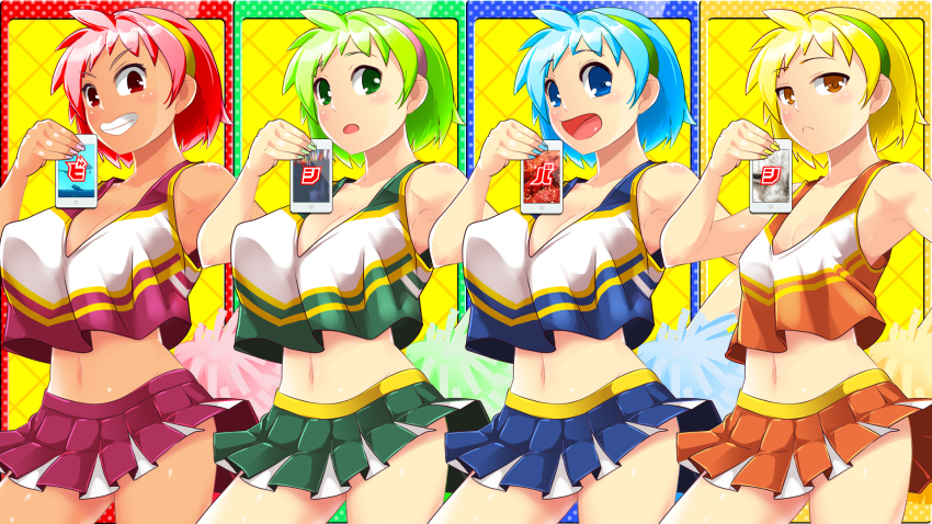 4girls, :<, :d, bishi_bashi_(series), bishi_bashi_channel, blonde_hair, blue_eyes, blue_hair, blue_nails, blue_skirt, blush, breasts, brown_eyes, cellphone, cheerleader, cheerleader_blue, cheerleader_green, cheerleader_red, cheerleader_yellow, cleavage, closed_mouth, comiket_94, commentary_request, cowboy_shot, crop_top, expressionless, green_eyes, green_hair, green_hairband, green_nails, green_skirt, grin, hairband, highres, holding, holding_phone, large_breasts, looking_at_viewer, midriff, miniskirt, multiple_girls, nail_polish, navel, open_mouth, orange_shirt, orange_skirt, osamu_yagi, phone, pink_hair, pink_hairband, pink_nails, red_eyes, red_skirt, shirt, short_hair, skirt, smartphone, smile, textless_version, white_shirt, yellow_hairband, yellow_nails
