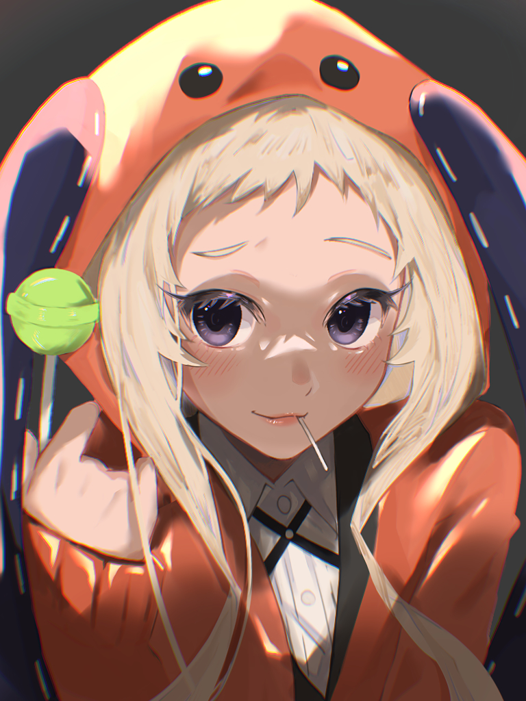 1girl, black_background, blonde_hair, blush, candy, coat, collared_shirt, food