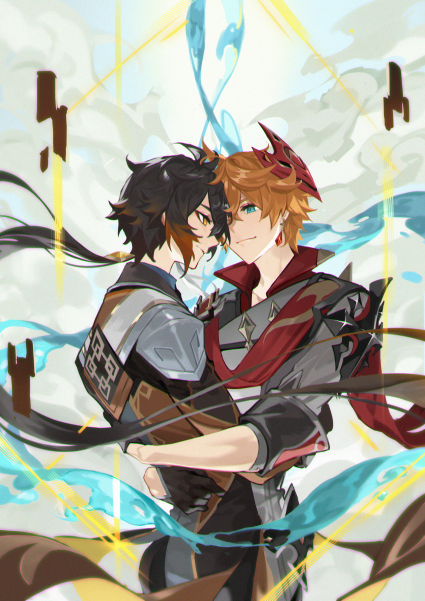 2boys, absurdres, black_gloves, black_hair, blue_eyes, brown_hair, closed_mouth, coat