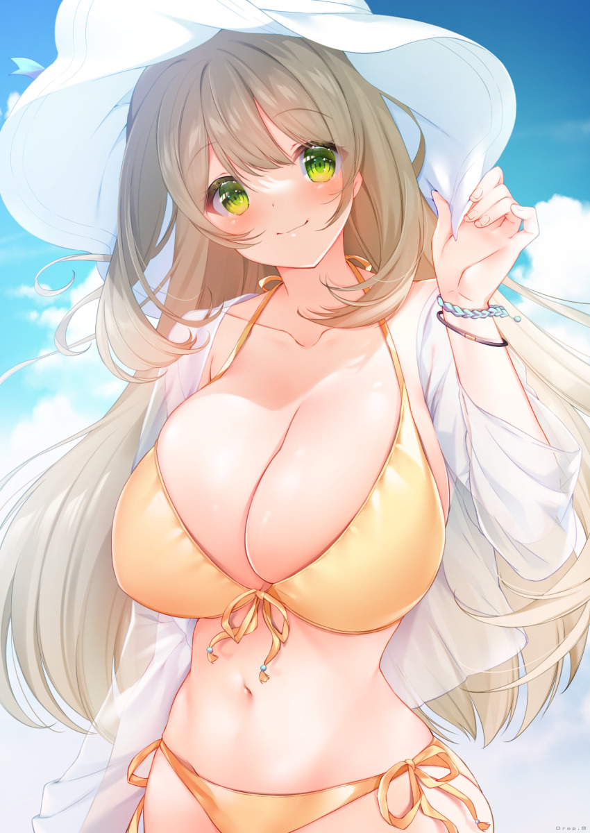 1girl, arm_up, bikini, blue_archive, blue_sky, blush, bracelet, breasts