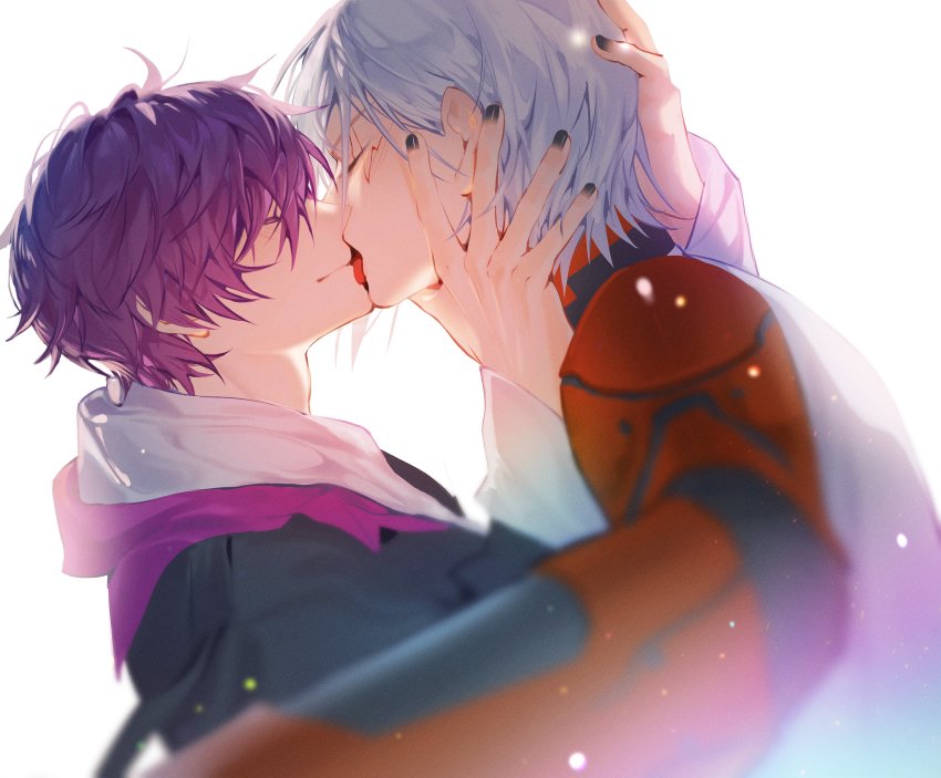 2boys, absurdres, belt, black_choker, black_nails, choker, closed_eyes, cyborg, facial_tattoo, french_kiss, fulgur_ovid, fulgur_ovid_(1st_costume), gradient_hair, grey_hair, grey_hoodie, hair_between_eyes, highres, hood, hoodie, kiss, long_sleeves, mechanical_arms, multicolored_choker, multicolored_hair, multiple_boys, nail_polish, niihelll, nijisanji, nijisanji_en, purple_belt, purple_hair, red_choker, short_hair, tank_top, tattoo, uki_violeta, uki_violeta_(1st_costume), virtual_youtuber, white_tank_top, yaoi