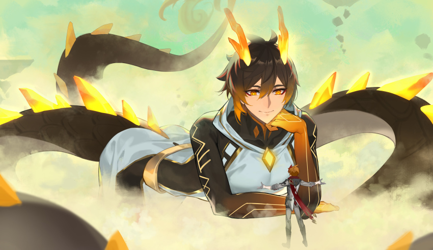 2boys, absurdres, black_gloves, black_hair, brown_hair, dragon_boy, dragon_horns, dragon_tail