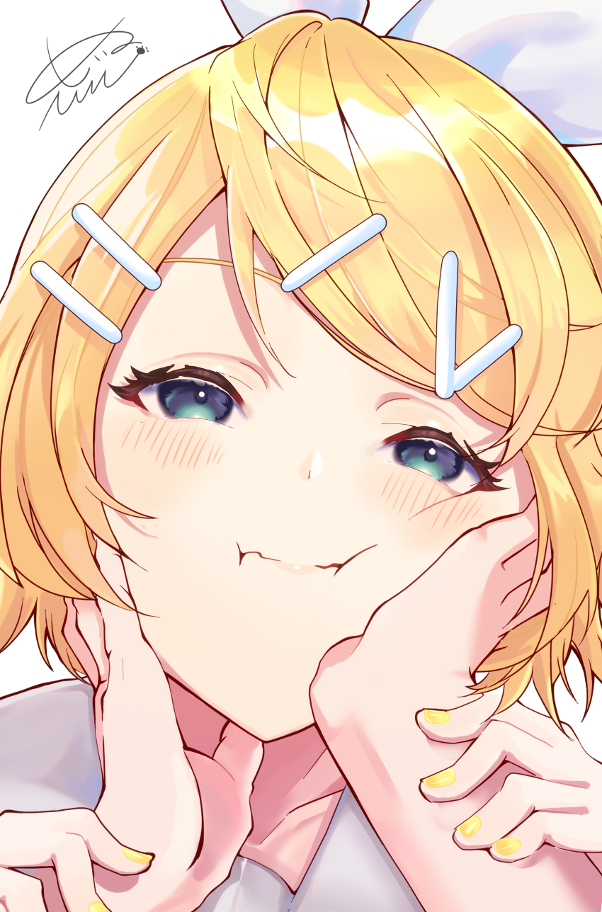 1girl, :i, absurdres, aqua_eyes, blonde_hair, blush, bob_cut, cheek_press