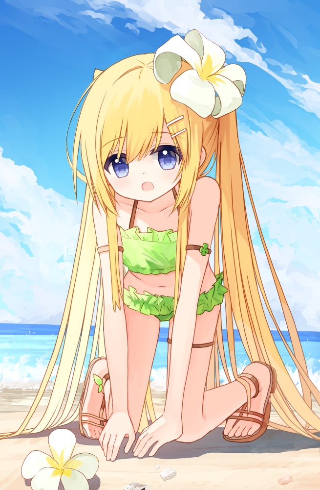 1girl, :o, all_fours, bare_shoulders, beach, bikini, blonde_hair, blue_eyes