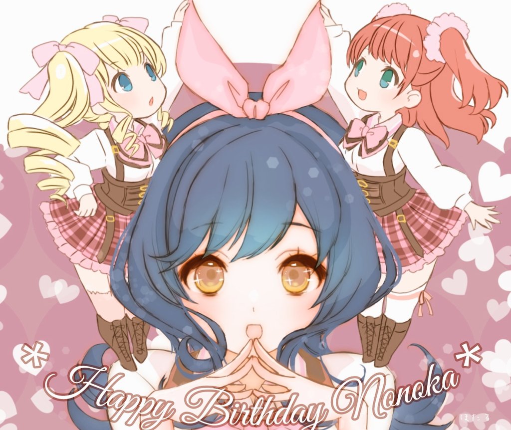 3girls, :d, :o, aqua_eyes, arm_up, assault_lily, blonde_hair, blue_eyes