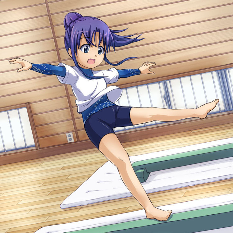 1girl, bad_id, bad_pixiv_id, balance_beam, balancing, barefoot, beidan, bike_shorts