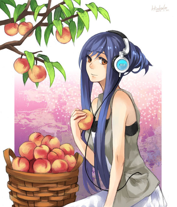 1girl, bad_id, bad_pixiv_id, blue_hair, female_focus, food, fruit, headphones