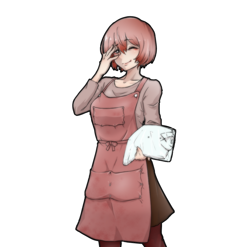 1girl, apron, bag, grey_eyes, hand_on_own_face, hand_up, holding, holding_bag