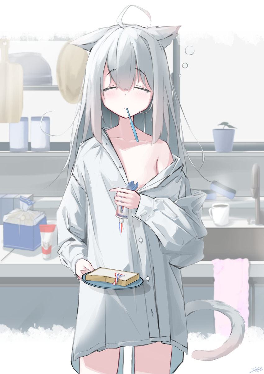 1girl, absurdres, ahoge, animal_ears, bag, blush, borrowed_clothes, bowl, bread, bread_slice, cat_ears, cat_girl, cat_tail, celia_1315, closed_eyes, coffee_mug, counter, cup, cutting_board, failure, food, frying_pan, grey_hair, highres, holding, holding_plate, indoors, kitchen, long_hair, long_sleeves, mouth_hold, mug, naked_shirt, off_shoulder, original, oversized_clothes, plant, plastic_bag, plate, potted_plant, shirt, sink, sleepy, solo, sponge, squeans, steam, tail, tearing_up, toothbrush, toothbrush_in_mouth, toothpaste, you're_doing_it_wrong