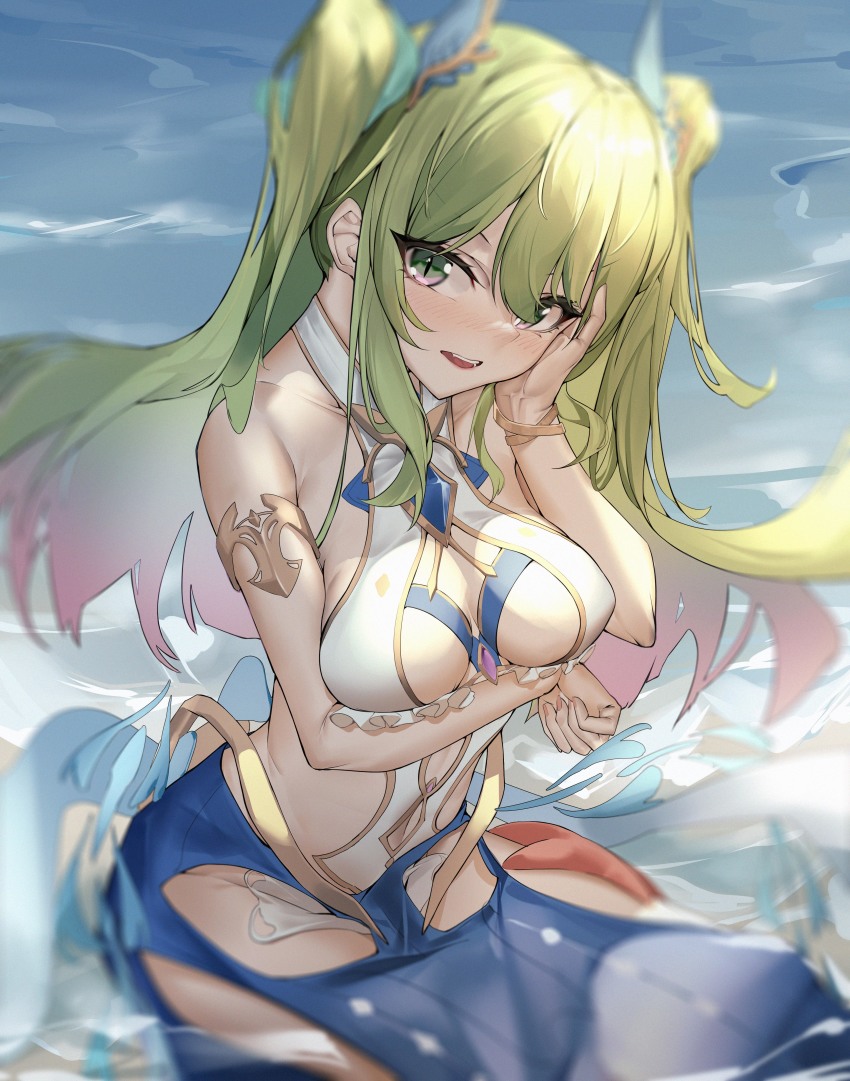 1girl, :d, absurdres, arm_under_breasts, bare_shoulders, breasts, green_eyes, green_hair
