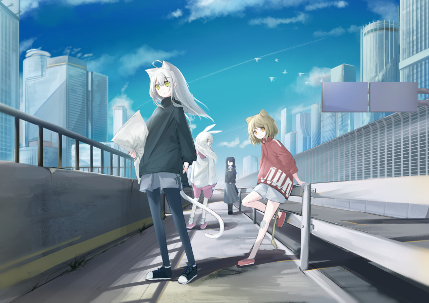 4girls, against_railing, ahoge, animal_ears, armband, bandaid, bandaid_on_leg, bird