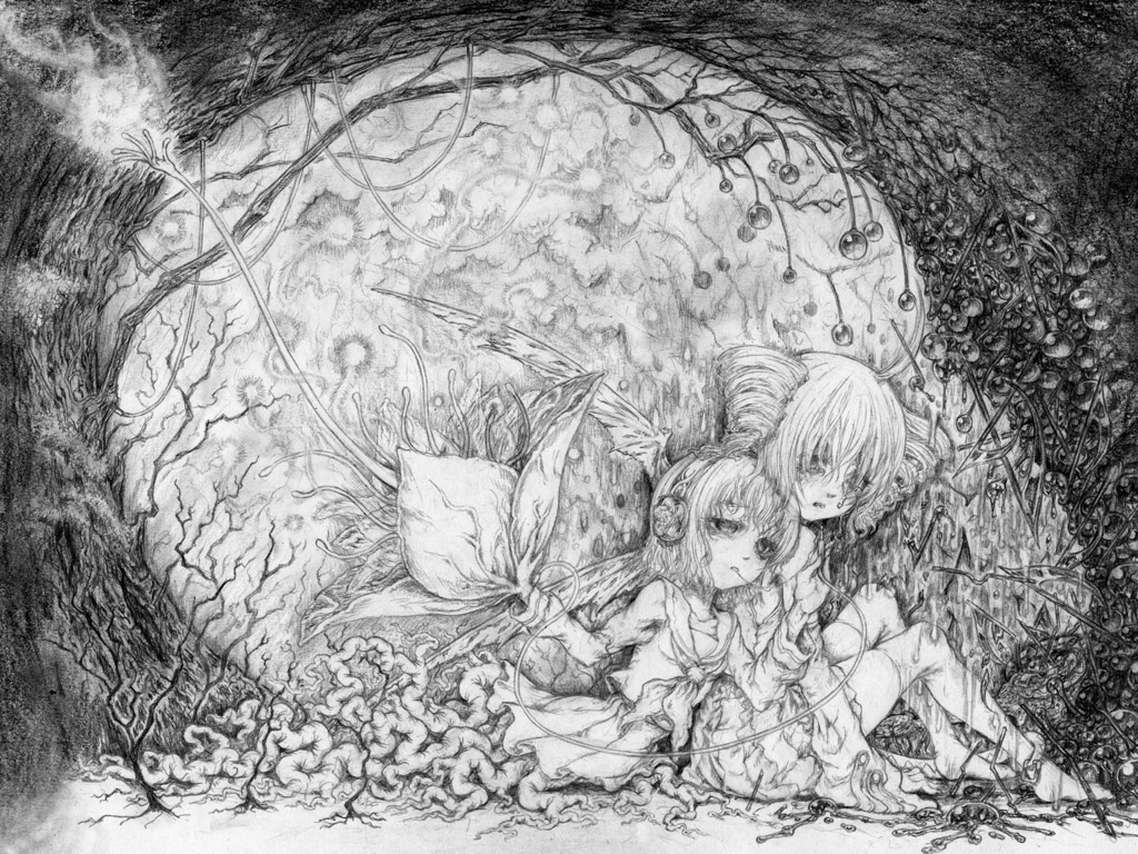2girls, barefoot, cave, drill_hair, flower, greyscale, headphones, kasane_teto