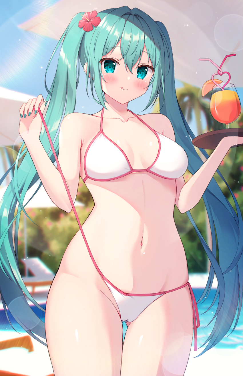 1girl, aqua_eyes, aqua_hair, beach_chair, beach_umbrella, bikini, blurry, blurry_background