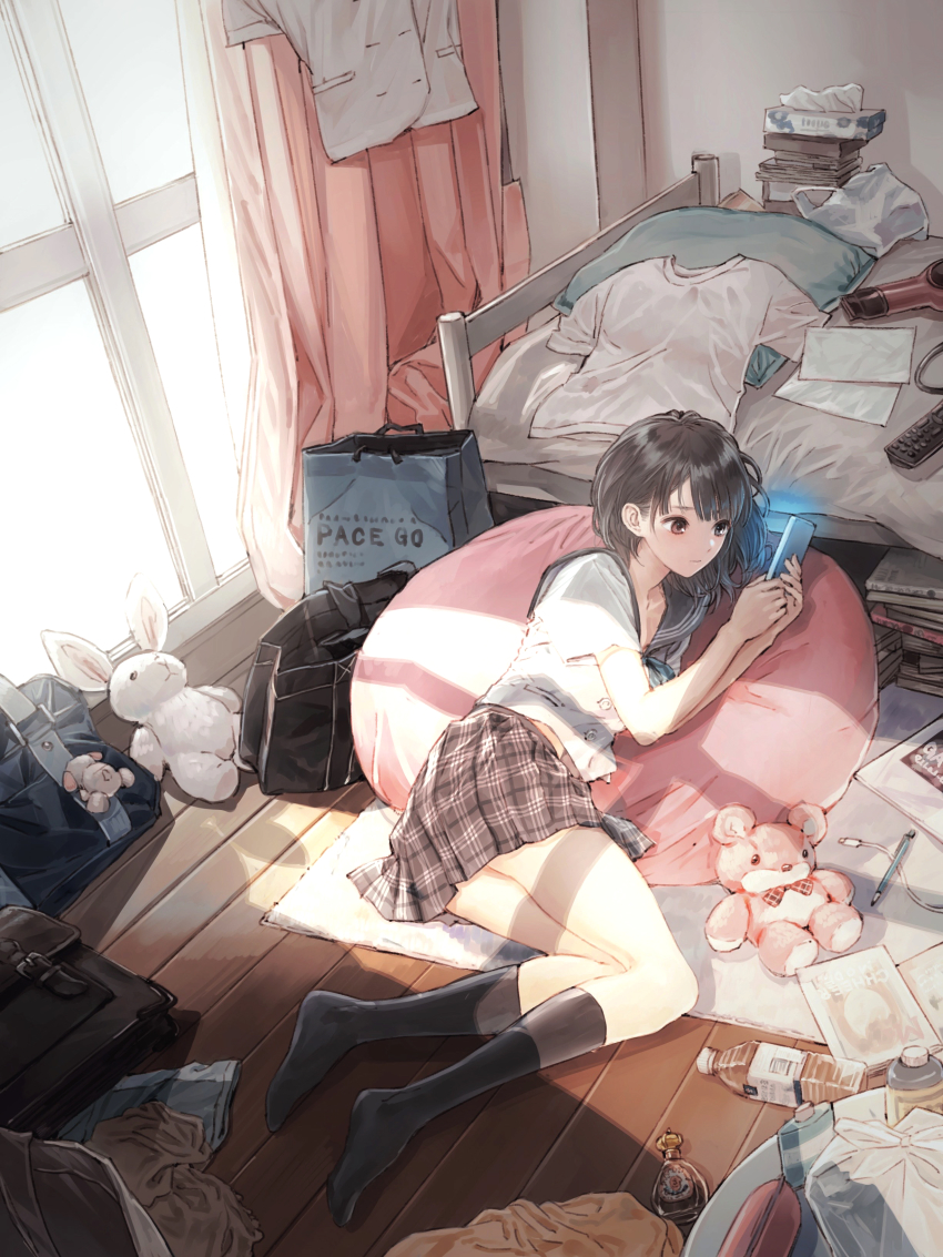 1girl, absurdres, bed, bedroom, black_hair, black_socks, blue_reflection_(series), blue_reflection_maboroshi_ni_mau_shoujo_no_ken