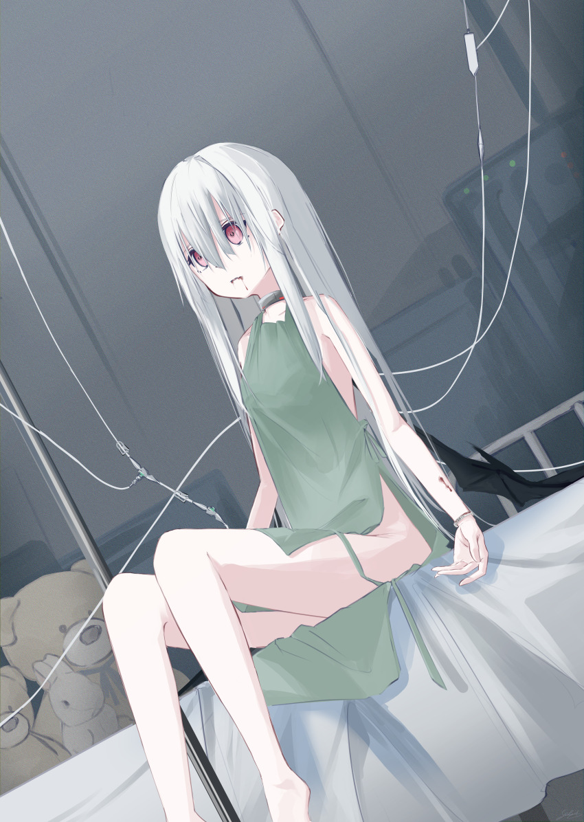 1girl, absurdres, bat_wings, blood, blood_from_mouth, celia_1315, collar, empty_eyes, highres, hospital_band, hospital_gown, intravenous_drip, long_hair, low_wings, machinery, metal_collar, no_panties, on_bed, original, railing, red_eyes, sitting, solo, stuffed_animal, stuffed_rabbit, stuffed_toy, teddy_bear, vampire, very_long_hair, white_hair, wings