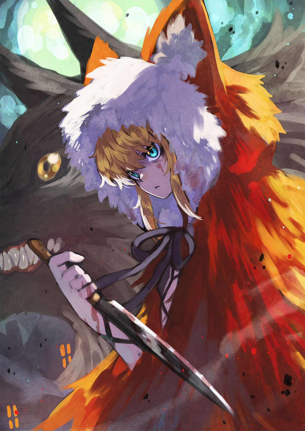 1girl, :<, animal, animal_hood, black_ribbon, black_souls, blonde_hair, blood, blood_on_face, blood_on_hands, bloody_knife, blue_eyes, cape, closed_mouth, commentary, fur-trimmed_hood, fur_trim, hair_between_eyes, hand_up, highres, hood, hood_up, hooded_cape, knife, long_hair, poro_(black_souls), red_cape, red_hood_(black_souls), ribbon, rumie, wolf