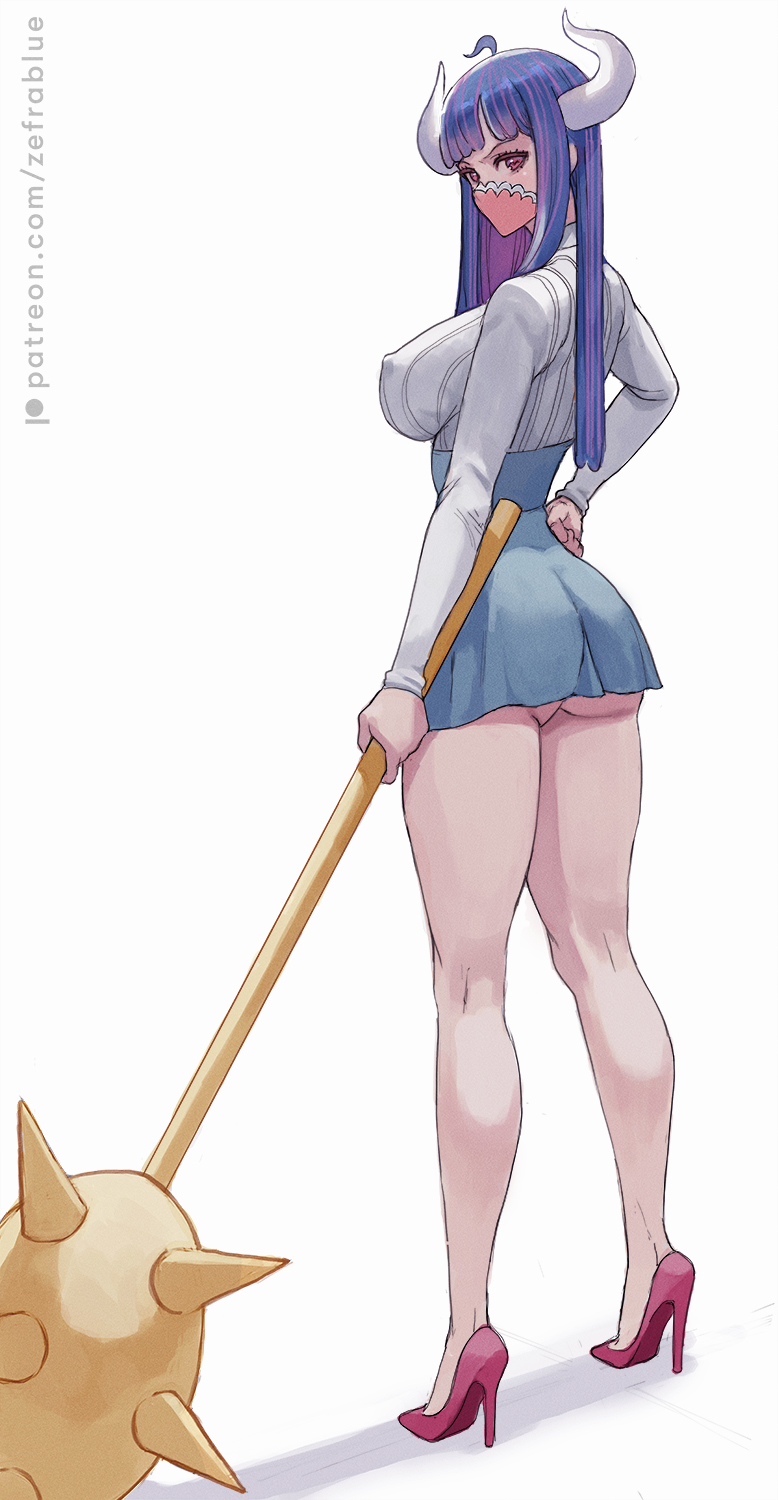 1girl, ass, blue_hair, breasts, covered_erect_nipples, dress, from_behind, full_body, highres, holding, holding_weapon, horns, huge_weapon, large_breasts, legs, long_hair, long_legs, long_sleeves, looking_at_viewer, mask, mouth_mask, multicolored_hair, one_piece, patreon_username, pink_hair, red_eyes, red_shoes, shoes, short_dress, simple_background, solo, standing, two-tone_hair, ulti_(one_piece), underbutt, weapon, white_background, white_horns, zefrableu