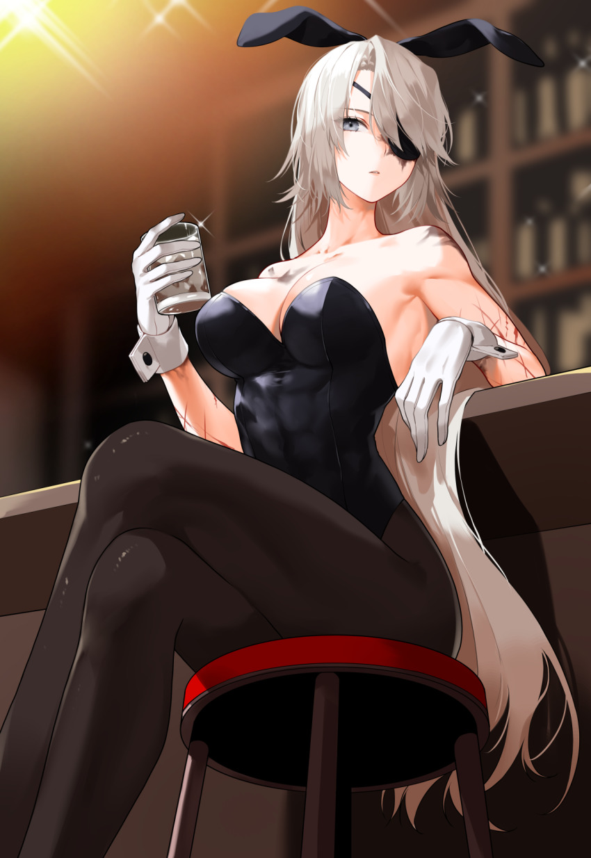 1girl, animal_ears, bare_shoulders, black_leotard, black_pantyhose, blurry, blurry_background, breasts