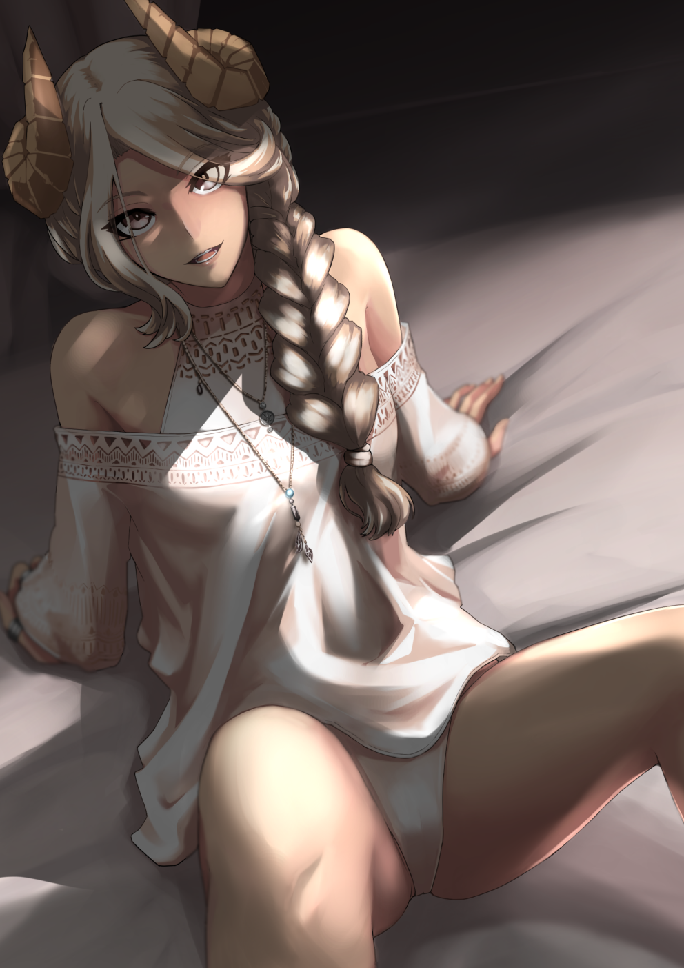 1girl, :d, bare_legs, bed_sheet, braid, braided_ponytail, grey_eyes, grey_hair